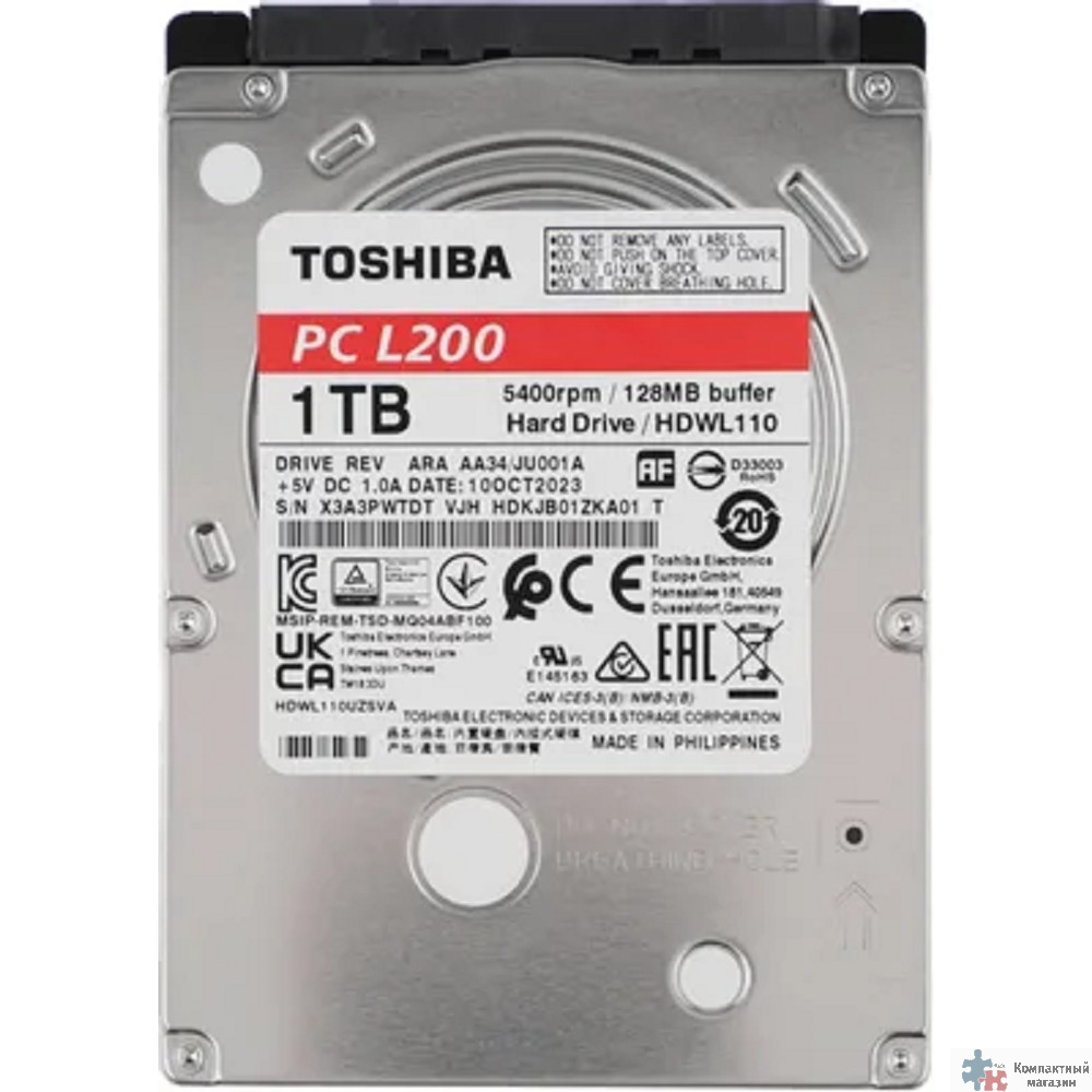 1TB Toshiba L200 Slim (HDWL110UZSVA/HDKCB88ZKA01T) {SATA-III, 5400RPM, 128MB, 2.5", 7mm}