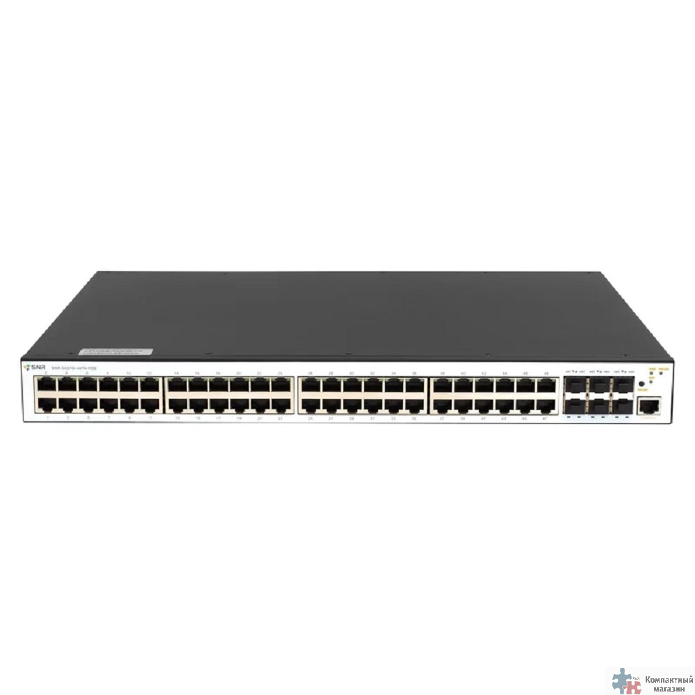 SNR SNR-S5311G-48TX-POE Управляемый PoE коммутатор уровня 2+, 48 портов 10/100/1000Base-T, 6 портов 1/10G SFP+, бюджет PoE 380/760 Вт в зависимости от кол-ва установленных блоков питания. 2 слота БП