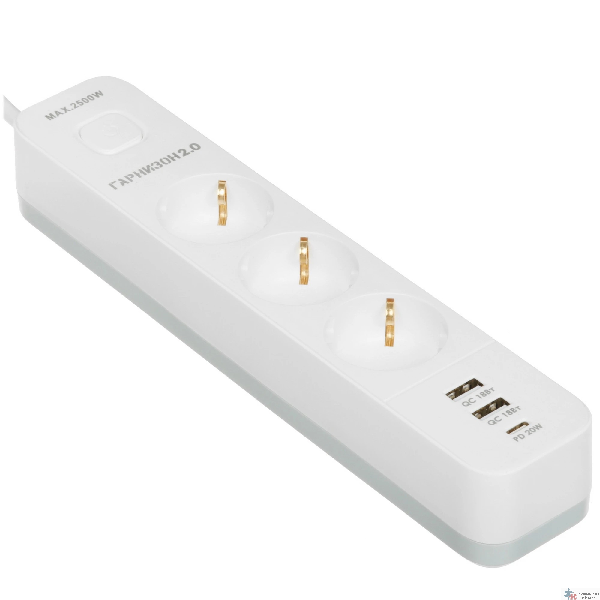 Гарнизон Сетевой фильтр EPS-3-CU2-W-2 2.0 Мультипорт 3р, 10А, 1xType-C PD, 2 х USB QC, 2м, ур.защиты 2+, белый, пак (21448)