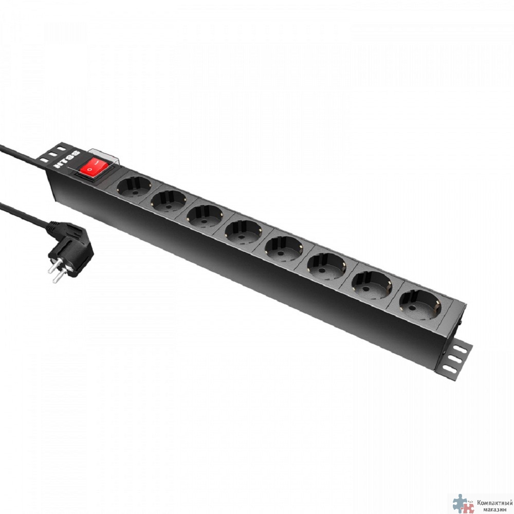 NTSS Блок розеток NTSS, 19", 1U, пластик, 1ф16А, 3.7кВт, (8) Schuko CEE , выкл. с подсв.и крыш., 1.8м каб., вил. Schuko NTSS-PDU-DA2032