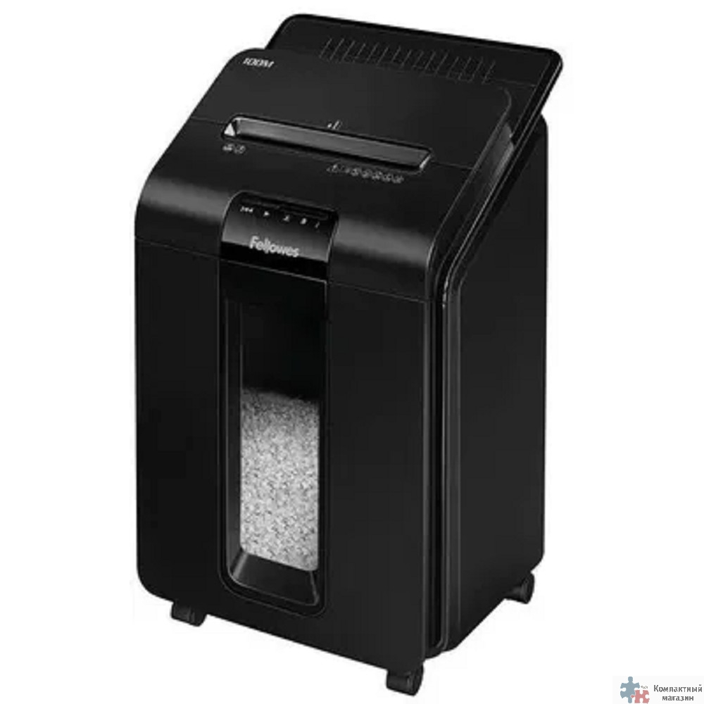 Fellowes Шредер AutoMax 100M FS-4629201 {(секр.P-4)/минирезка/100лист./23лтр./Уничт:скрепки, скобы, пл.карты,автореверс}