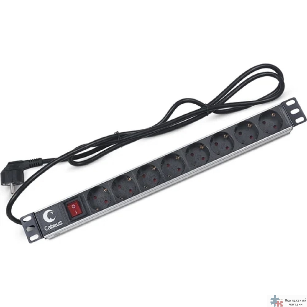 Cabeus PDU-8P-2EU Блок евророзеток для 19"шкафов, горизонтальный, 8 розеток, 16 A,выключатель, шнур 2м, алюминиевый корпус