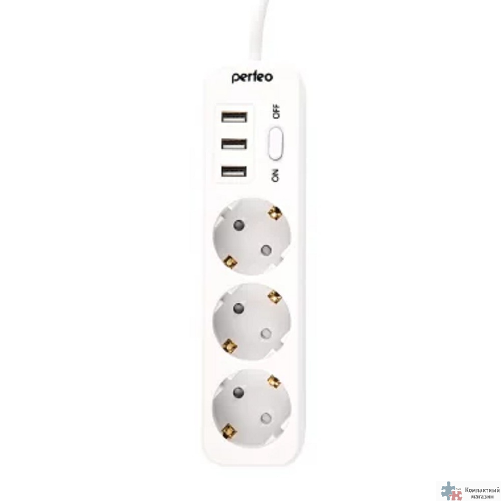 Perfeo сетевой фильтр "POWER STREAM", 2500W, двойная защита, 4м, 3 розетки, 3 USB, белый.