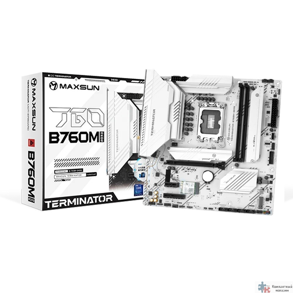 MAXSUN MS-Terminator B760M GKD5 ICE (Socket 1700, mATX, 2*DDR5(96Gb), DP/HDMI, 3*SATA3, 4*M.2, 1*PCIEx16/1*PCIEx4, 6*USB2.0, 2*USB 3.2, LAN 1*2.5G, ARGB, white, RTL)