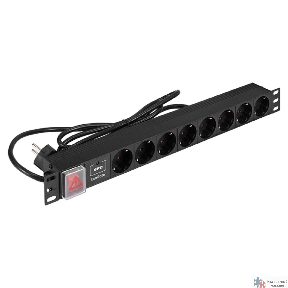 Exegate EX299605RUS Блок розеток с сетевым фильтром (Surge Protect) и выключателем с подсветкой ExeGate ServerPro PDU-19H804 Al-8S-EU2.5CU-SW-SPD1 (19", 1U, Алюминий, 8 Schuko, кабель с евровилкой VDE