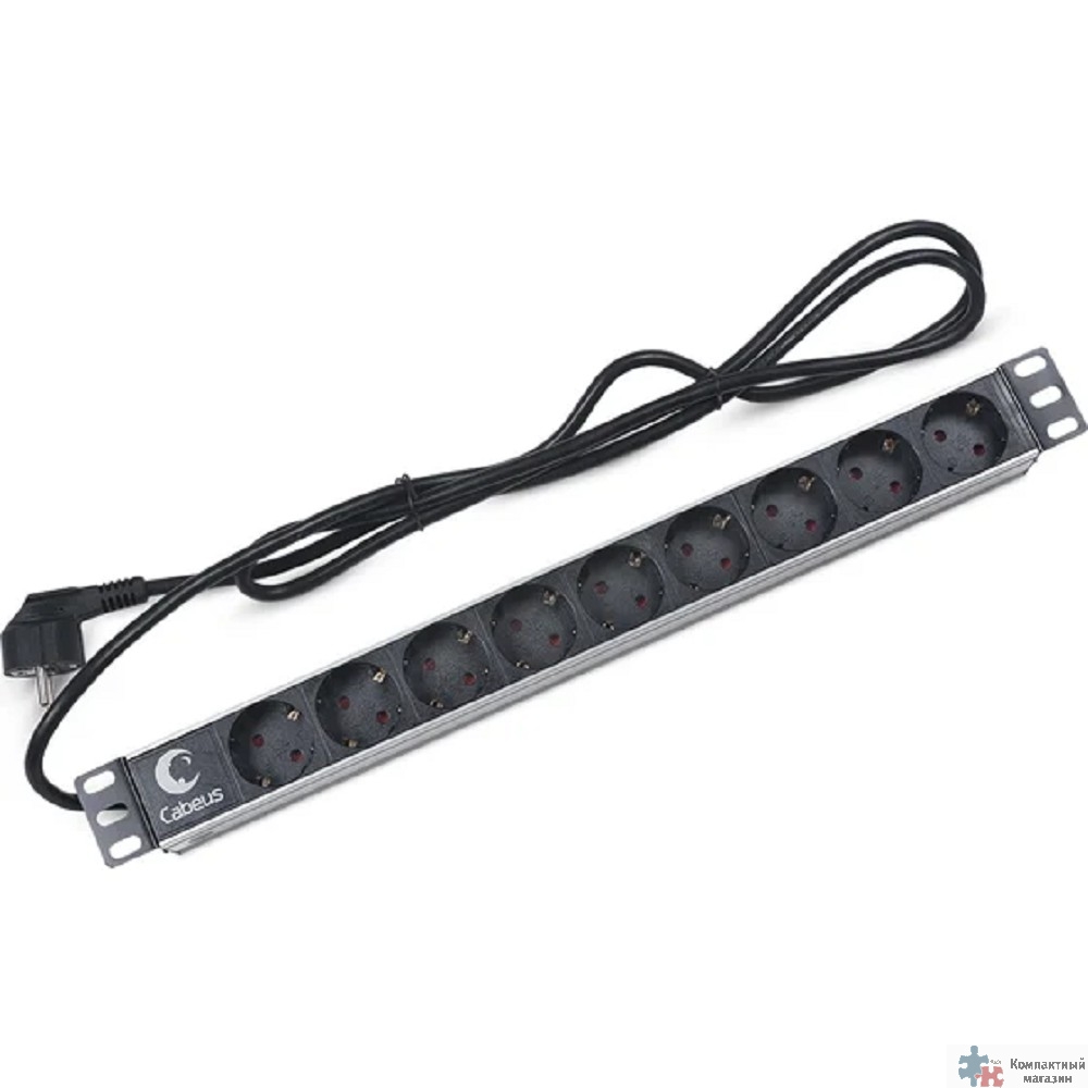 Cabeus PDU-9P-2EU Блок евророзеток для 19" шкафов, горизонтальный, 9 розеток, 16 A, без выключателя, шнур 2м, алюминиевый корпус, немецкий стандарт
