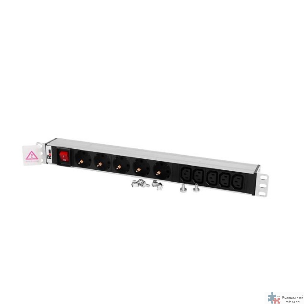 REM Блок розеток Rem-10 без шнура с выкл., 5 Schuko, 5 IEC 60320 C13, вход IEC 60320 C14, 10A, алюм., 19" (R-10-5S-5C13-V-440-Z)