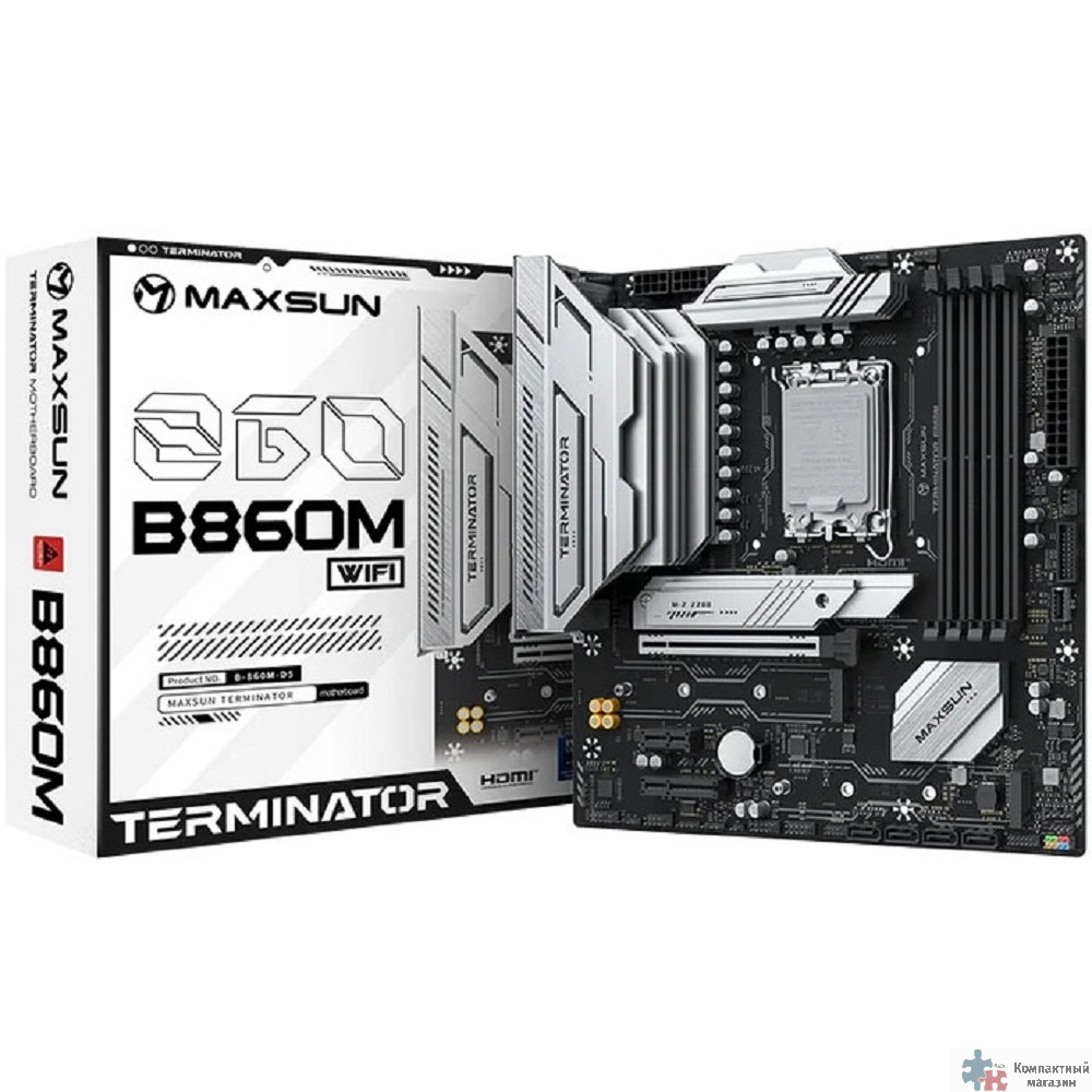 MAXSUN MS-Terminator B860M WIFI (Socket 1851, mATX, 4*DDR4(128Gb), DP/HDMI, 4*SATA3, 3*M.2, 1*PCIEx16/1*PCIEx4/1*PCIEx1, 1*Type-C,  4*USB2.0, 2*USB 3.2, LAN 1*2.5G, BT,  Wi-Fi6,  RTL)