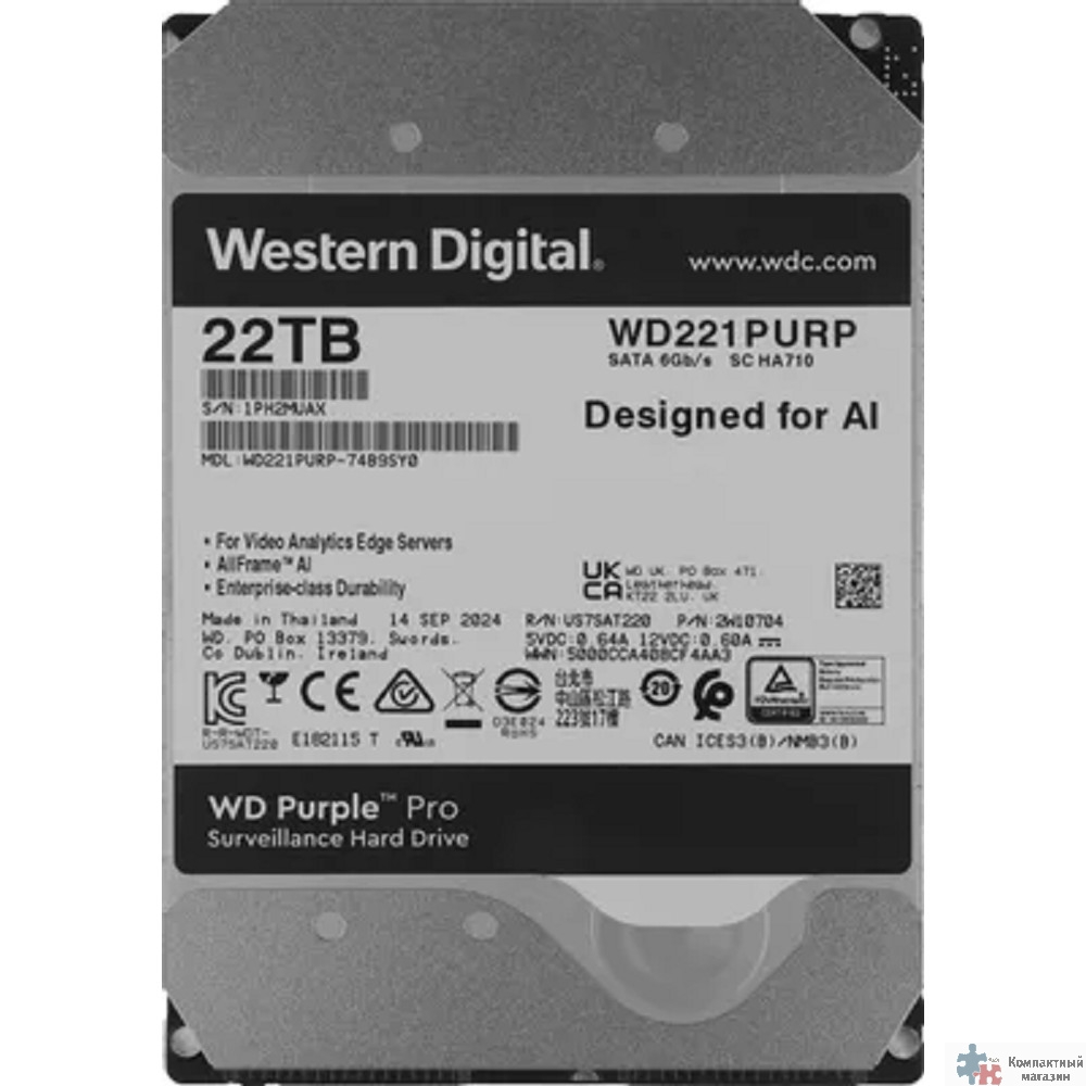 22TB WD Purple Pro (WD221PURP) {Serial ATA III, 7200- rpm, 512Mb, 3.5"}