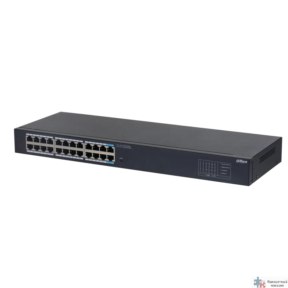 DAHUA DH-SG1024 24-портовый гигабитный неуправляемый коммутатор, 22xRJ45 1Gb, 2xRJ45 1Gb uplink, коммутация 48 Гбит/с, MAC-таблица 8K, металл