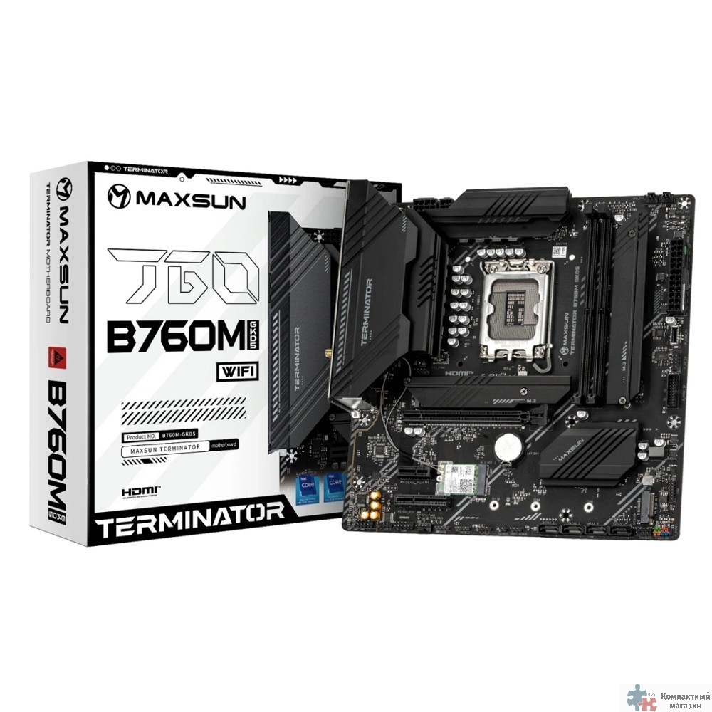 MAXSUN MS-Terminator B760M GKD5 WIFI (Socket 1700, mATX, 2*DDR5(96Gb), DP/HDMI, 4*SATA3, 3*M.2, 1xPCI-Ex16/1*PCIEx4/1*PCIEx1, 6*USB 2.0, 2*USB 3.2, LAN 1*2.5G, Wi-Fi 6, RTL)