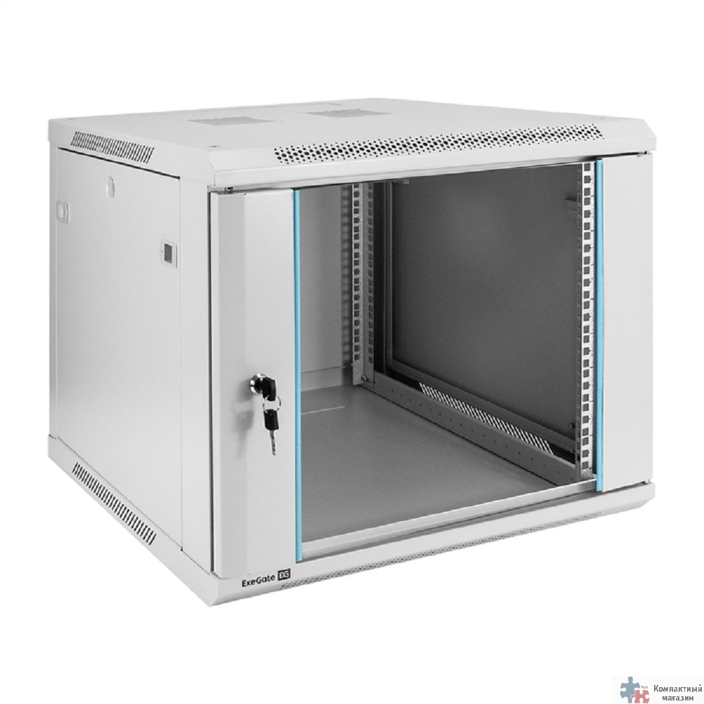 Exegate EX298602RUS Шкаф телекоммуникационный 19" настенный 9U ExeGate EC-WM-9U.600.G.GREY (19”, 9U, 600x600x500mm (ШхГхВ), передняя дверь закаленное стекло, съемные боковые панели, пыле- и влагозащит