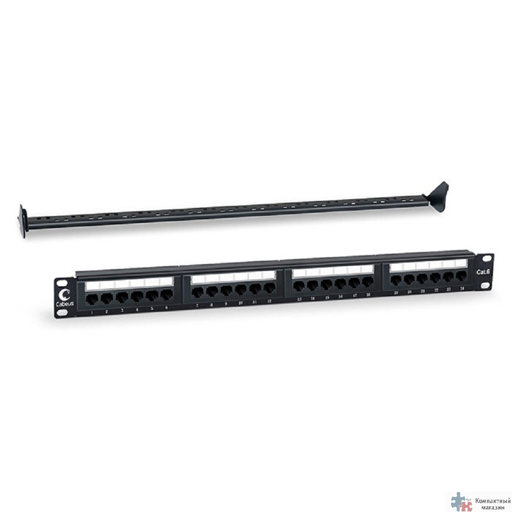 Cabeus PL-24-Cat.6-Dual IDC Патч-панель 19" (1U), 24 порта RJ-45, категория 6, Dual IDC, с задним кабельным организатором