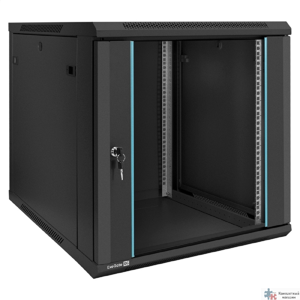 Exegate EX298610RUS Шкаф телекоммуникационный 19" настенный 12U ExeGate EC-WM-12U.600.G.BLACK (19”, 12U, 600x600x635mm (ШхГхВ), передняя дверь закаленное стекло, съемные боковые панели, пыле- и влагоз