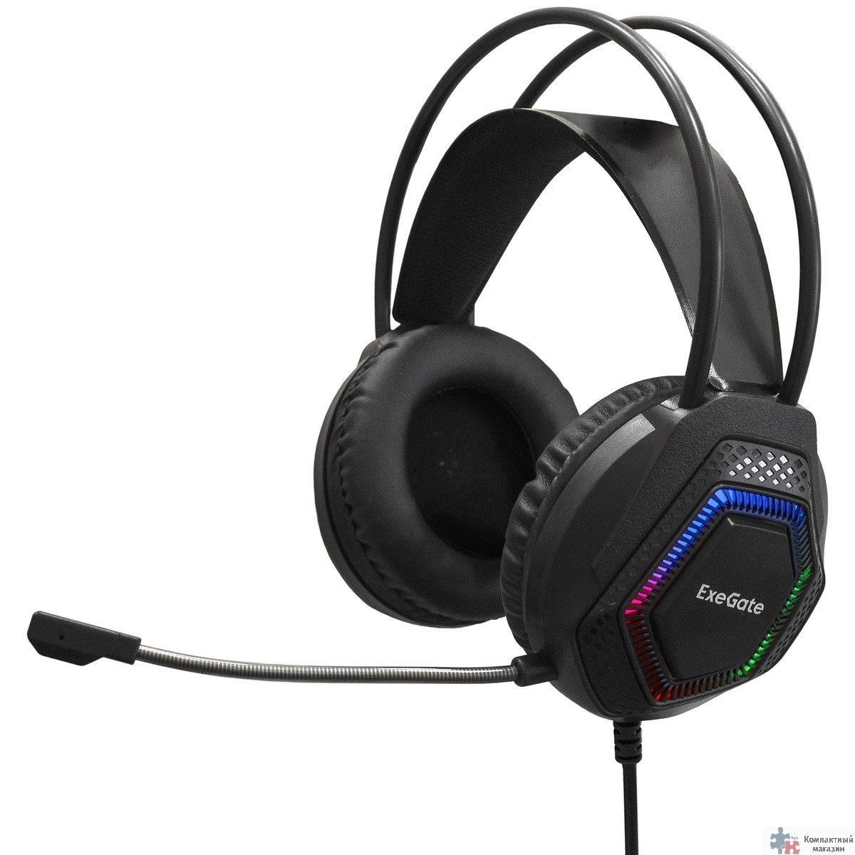 Повреждение упаковки ExeGate Cosmos HS-704GL (объемный звук 7.1, длина кабеля 2.5м, динамик 50мм, 20-20000Гц, RGB подсветка, USB интерфейс, регулировка громкости, Color Box)