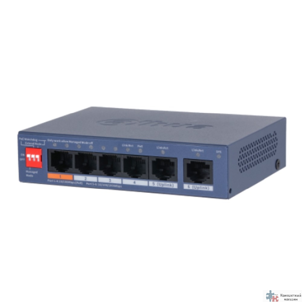 DAHUA DH-CS4006-4ET2GT-60 4-портовый гигабитный PoE коммутатор с функцией облачного управления, 4xRJ45 100Mb, 2xRJ45 1Gb uplink, суммарно 60Вт