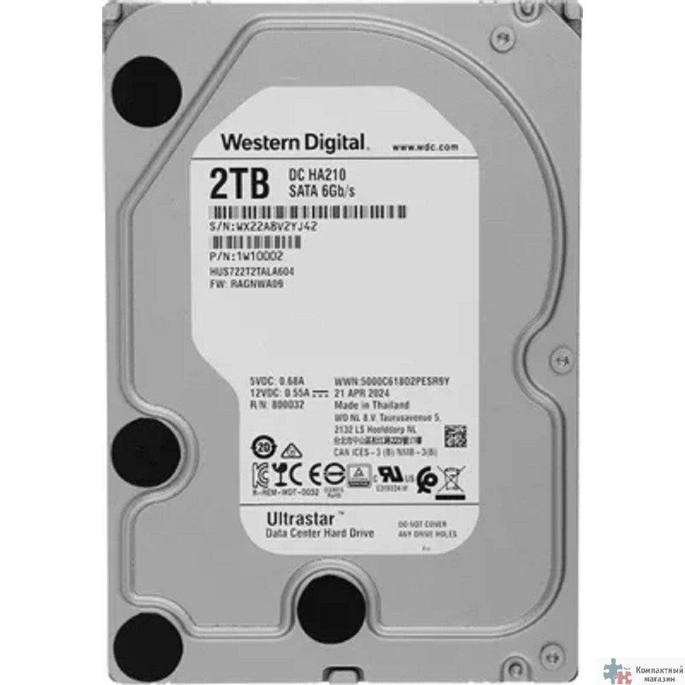 2Tb WD Ultrastar DC HDD Server 7K2 (3.5’’, 2TB, 128MB, 7200 RPM, SATA 6Gb/s, 512N HUS722T2TALA604 (1W10025/1W10002)