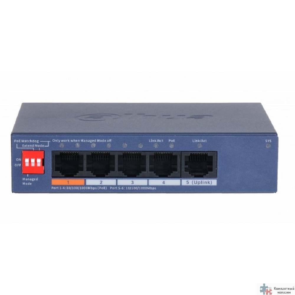 DAHUA DH-CS4005-4GT-60 4-портовый гигабитный PoE коммутатор с функцией облачного управления, 4 RJ45 10/100/1000Мбит/с (PoE/PoE+/Hi-PoE), 1 RJ45 10/100/1000Мбит/с (uplink), суммарно 60Вт