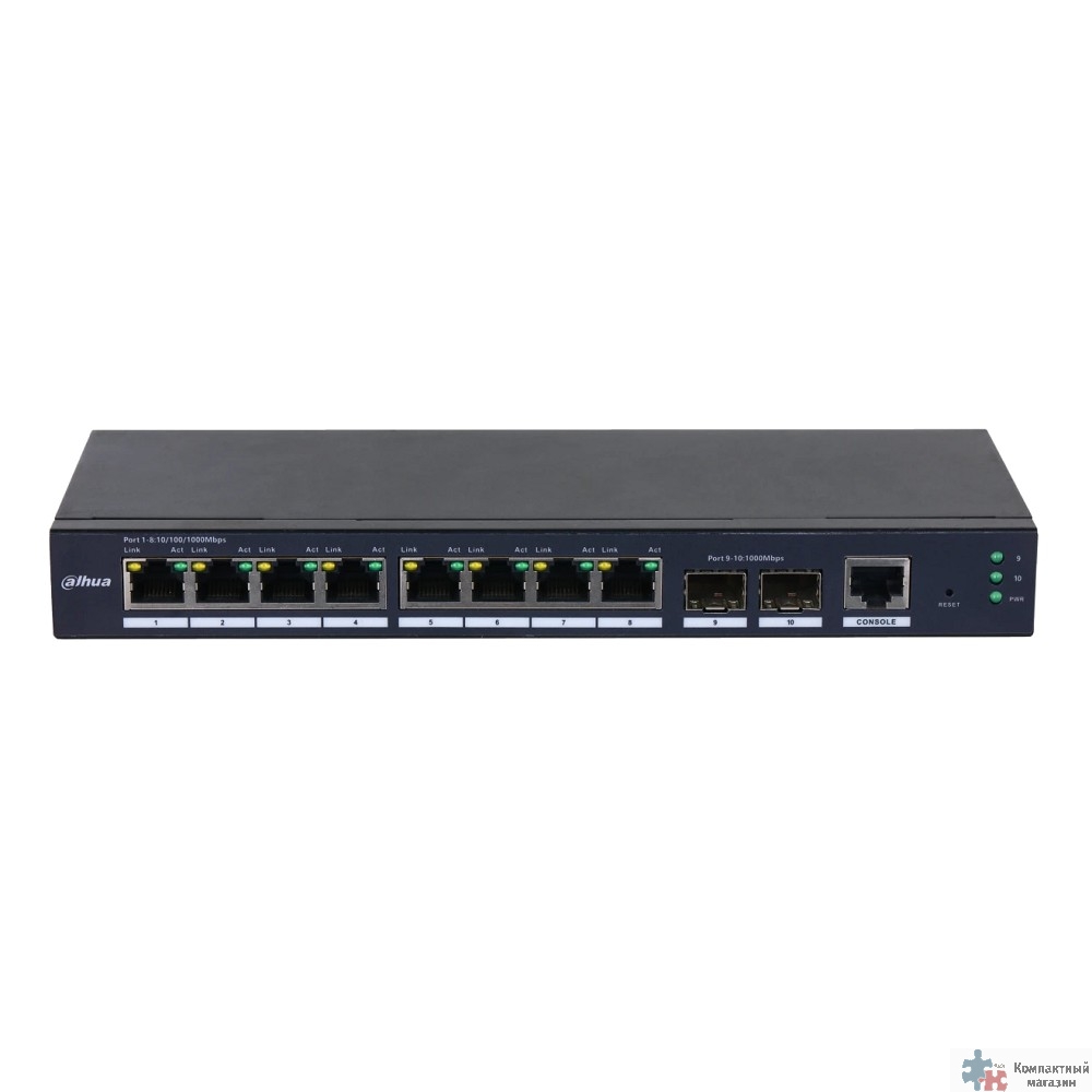 DAHUA DH-SG4010-2F 10-портовый управляемый коммутатор, уровень L2, 8xRJ45 1Gb, 2xSFP 1Gb uplink, коммутация 20 Гбит/с, MAC-таблица 8К, металл