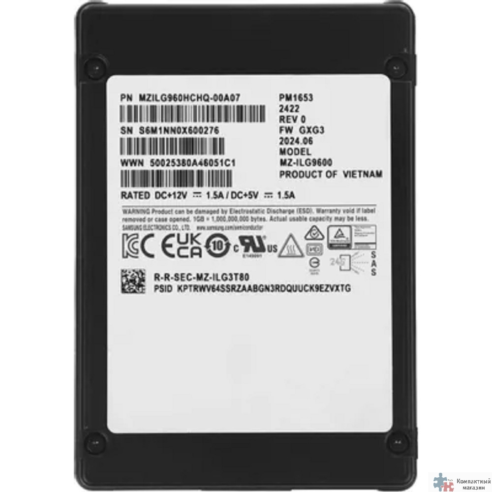 Samsung SSD 960GB PM1653, 2.5" 15mm, SAS 24Gb/s, 3D TLC, MZILG960HCHQ-00A07
