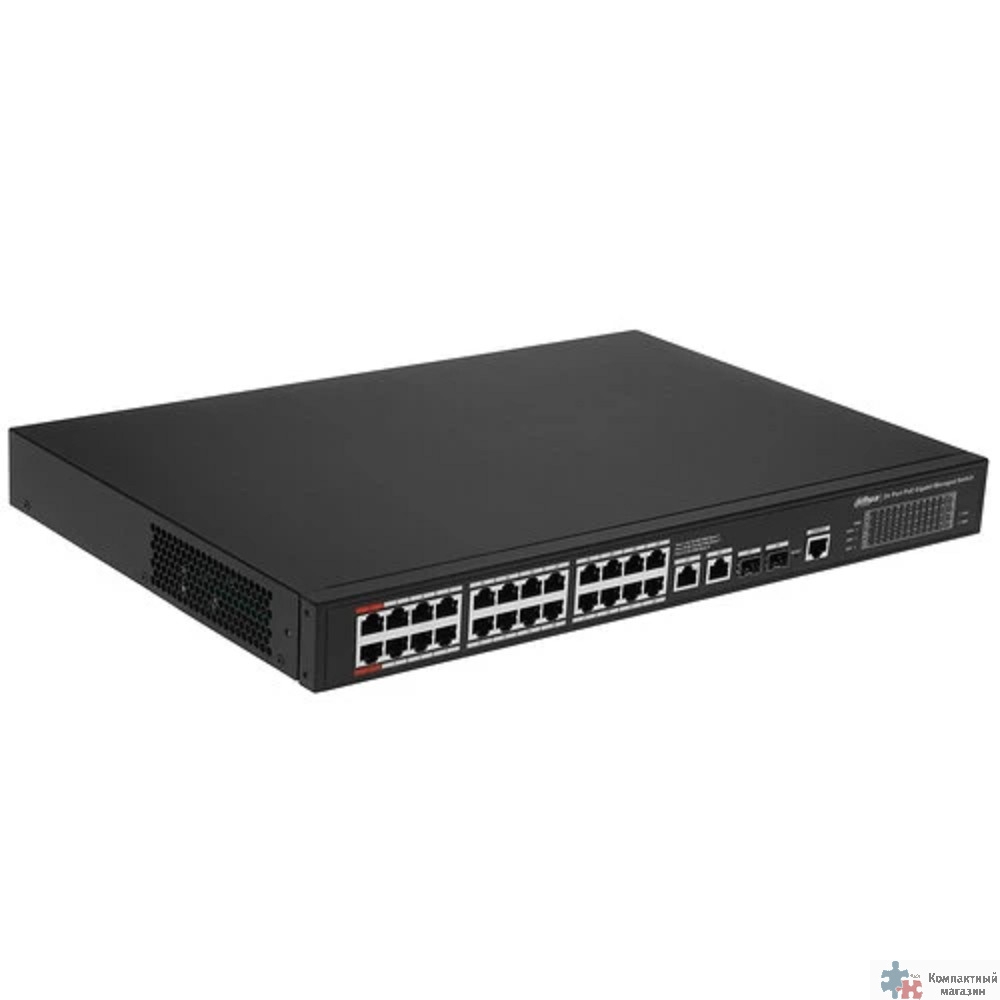 DAHUA DH-S4228-24GT-240 28-портовый гигабитный управляемый коммутатор с PoE, уровень L2, 24xRJ45 1GB PoE, 2xRJ45 1Gb, 2xSFP 1Gb, суммарно 240Вт, коммутация 56 Гбит/с, MAC-таблица 8К