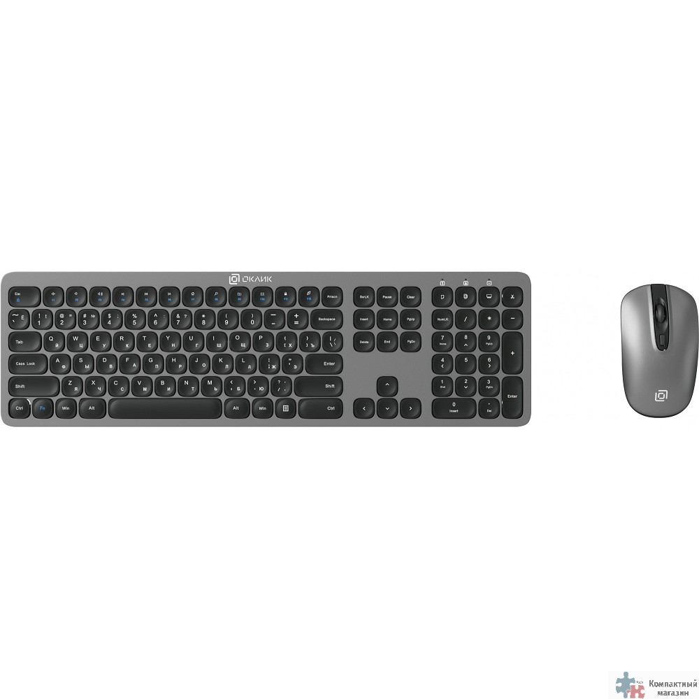 Клавиатура + мышь Oklick 300M клав:серый мышь:серый/черный USB беспроводная slim [1488402]