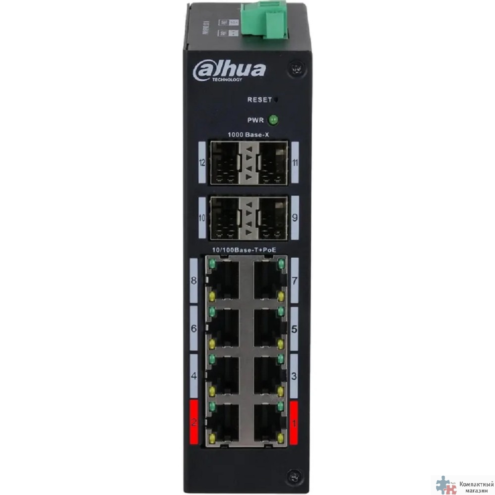 Dahua DH-HS4412-8ET-120 12-портовый управляемый коммутатор с PoE, промышленное исполнение  8 RJ45 10/100Мбит/с, 4 SFP 1000Мбит/с (uplink); до 120Вт; на DIN-рейку