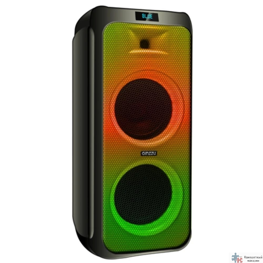Ginzzu GM-215 {80Вт, LED-дисплей, TWS, 60Гц- 18кГц, USB-flash, microSD-card, FM-радио, пульт ДУ, батарея 7,4В/5400мАч}