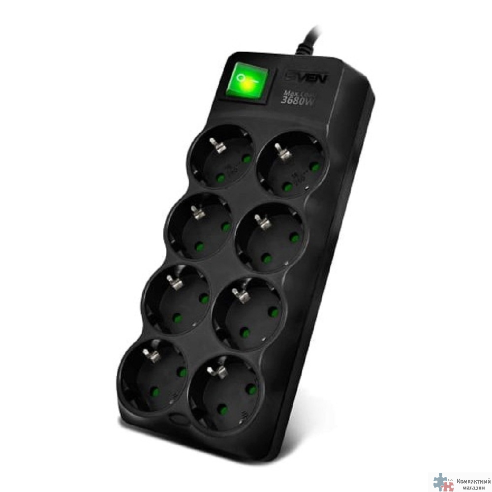 Повреждение упаковки SVEN Фильтр SF-08E-16 5,0 м (8 розеток с защитными шторками,16А) черный, цветная коробка [SV-021726]