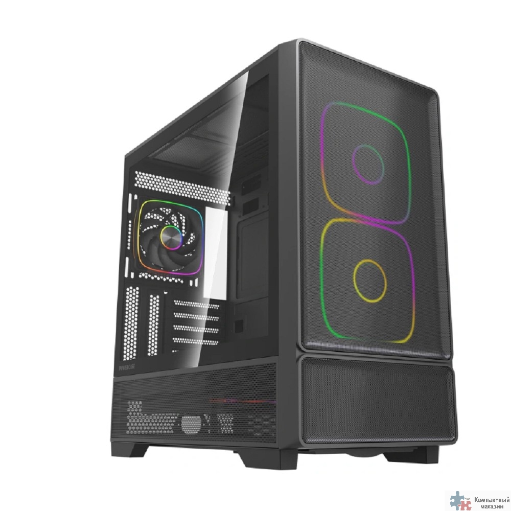 Powercase Корпус AX5, Black, TG, Type-C, 2x 140mm +3x 120mm ARGB PWM Fans, ARGB+PWM HUB, Nylon filters, чёрный, ATX  (CJXA-A5)