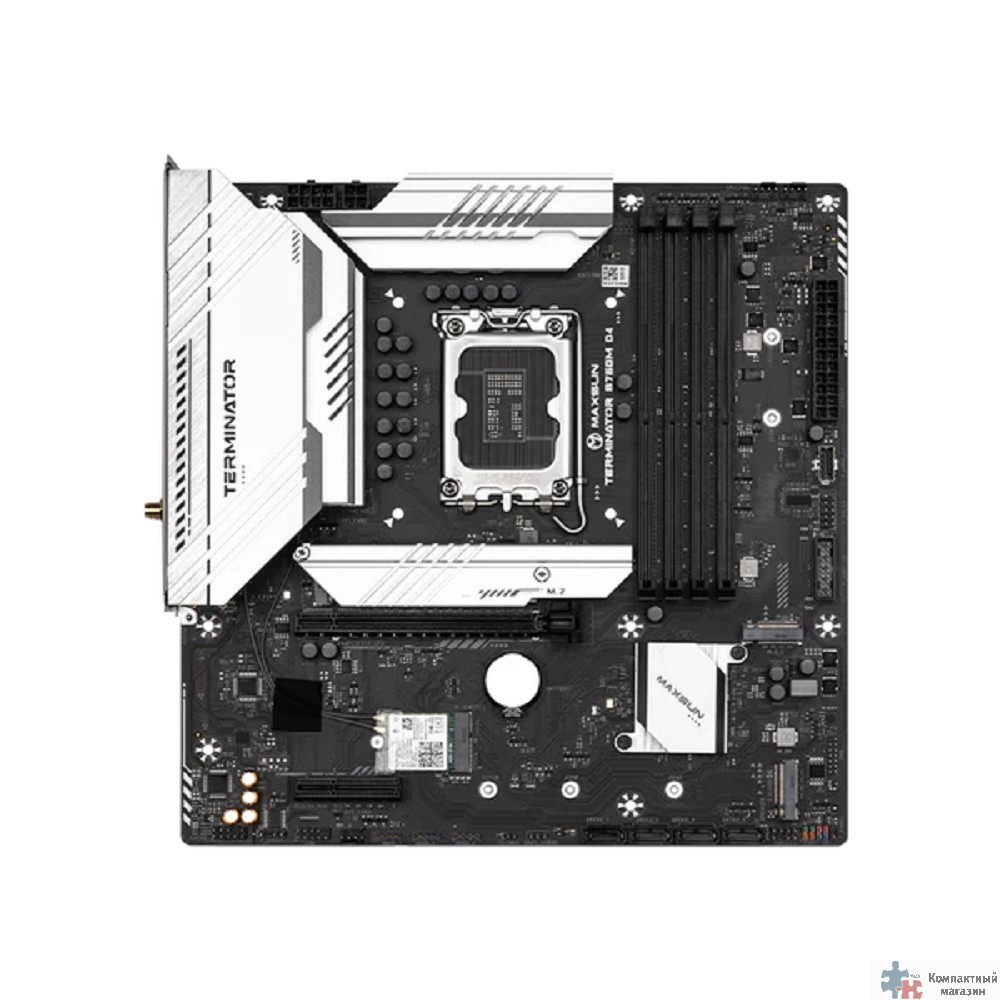 MAXSUN MS-Terminator B760M D4 WIFI V2 (Socket 1700, mATX, 4*DDR4(128Gb), DP/HDMI, 4*SATA3, 3*M.2, 1*PCIEx16/1*PCIEx4, 4*USB2.0, 2*USB 3.2, LAN 1*2,5 G, Bluetooth, Wi-Fi 802.11ax, RTL)