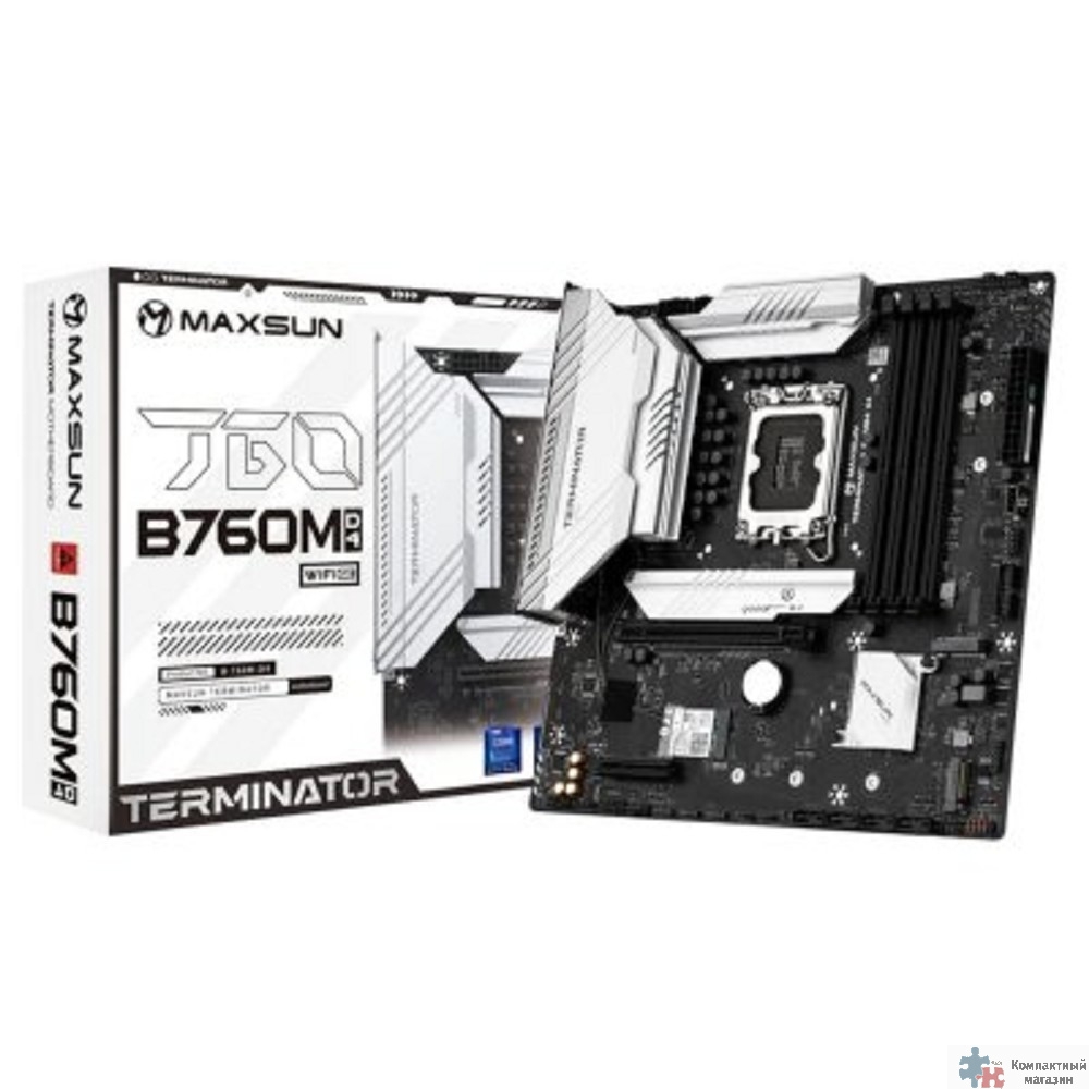MAXSUN MS-Terminator B760M D4 WIFI6E V2 (Socket 1700, mATX, 4*DDR4(128b), DP/HDMI, 4*SATA3, 3*M.2, 1xPCI-E x16 /1xPCI-E x4, 6*USB 2.0, 2*USB 3.2 GEN2, LAN 1*2.5G,  Bluetooth,  Wi-Fi 802.11ax, RTL)