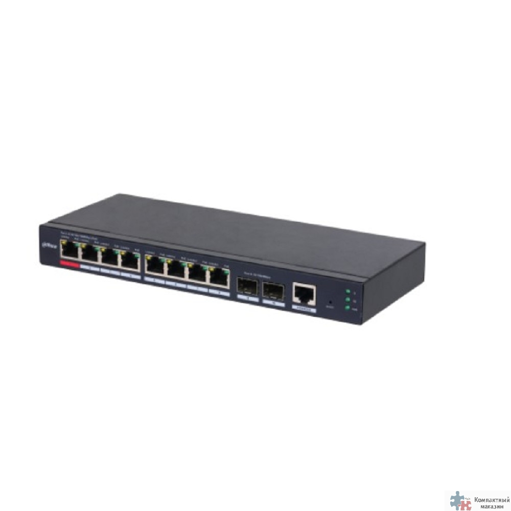 DAHUA DH-S4210-8GT-110 10-портовый гигабитный управляемый коммутатор с PoE, уровень L2, 8xRJ45 1Gb PoE, 2xSFP 1Gb, суммарно 110Вт, коммутация 20 Гбит/с, MAC-таблица 8К, металл