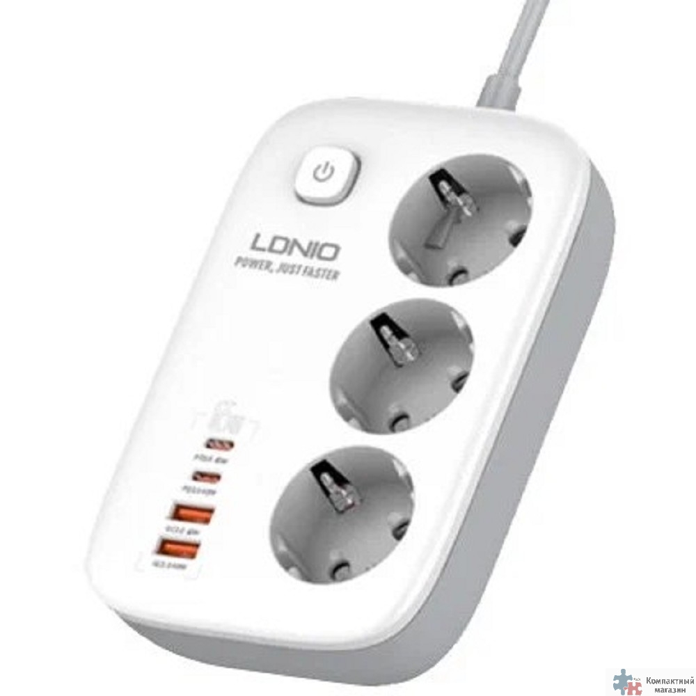 LDNIO SE3436/ Сетевой удлинитель 2м/ 3 розетки/ 3250W/ 4 USB: QC 4.0+PD 3.0+PPS/ GAN 65W/ White